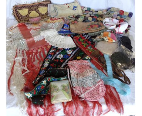 BOX OF TEXTILES INC TAPESTRY BRACES, FRINGED SHAWL, LACE WORK ETC 