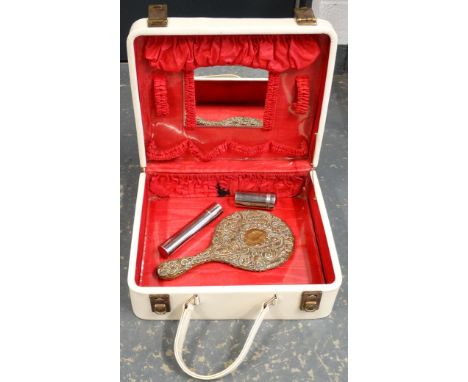 WHITE VANITY CASE WITH HAND MIRROR & 2 POWDER TUBES 