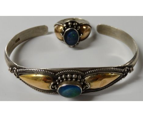 SILVER OPAL SET BANGLE & RING 