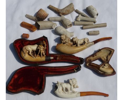 4 MEERSCHAUM PIPES (2 CASED) & CLAY PIPE PIECES 