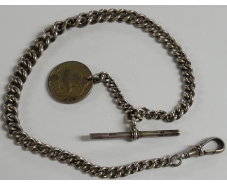 SILVER WATCH CHAIN WITH BUFFALO 5 CENTS COIN FOB 