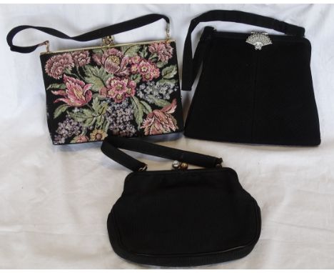 BLACK TAPESTRY HANDBAG, PEARL CLASP FITTED BAG & DECO FAN MACRASITE CLASP BAG 