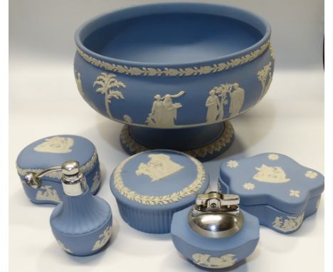 WEDGEWOOD BLUE & WHITE JASPERWARE BOWL, TABLE LIGHTER, ATOMISER & 3 TRINKET POTS & LIDS 