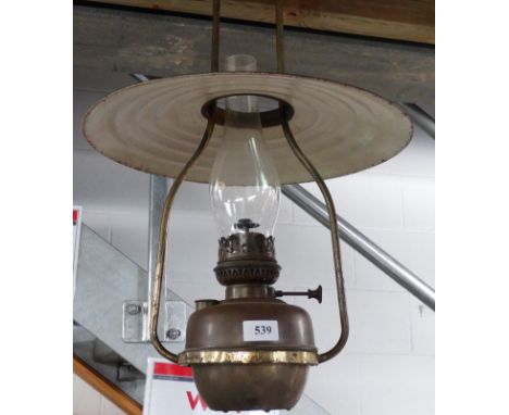 HANGING BRASS OIL LAMP WITH ENAMEL REFLECTOR SHADE 