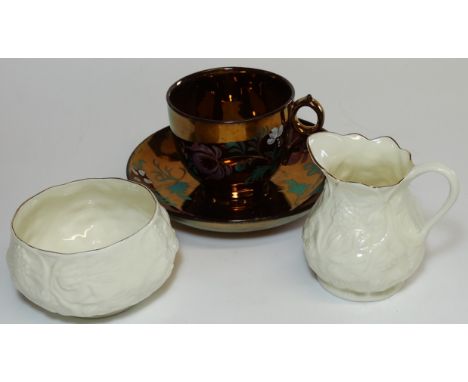 COPPER LUSTRE CUP & SAUCER + BELLEEK CREAM JUG & SUGAR BOWL 