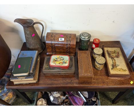 Domed inlaid Tea Caddy J Sankey &amp; Sons Copper Jug and assorted bygones 