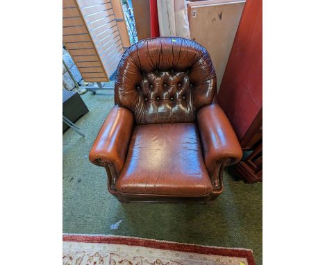 Brown Leather button back Elbow chair 