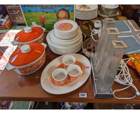 Royal Doulton Seville pattern Mid Century part dinner set, Studio Pottery table lamp and a set of Glass candlesticks 
