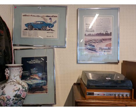 3 Chrome framed Vintage Plymouth advertising prints 