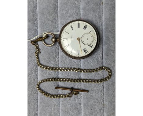 Silver Wehrle of Cambridge enamel faced pocket watch with roman numeral dial with watch chain 