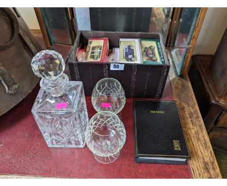 Collection of assorted Boxed Vehicles, Whisky Decanter with a pair of glasses and Rolls Royce notepad 