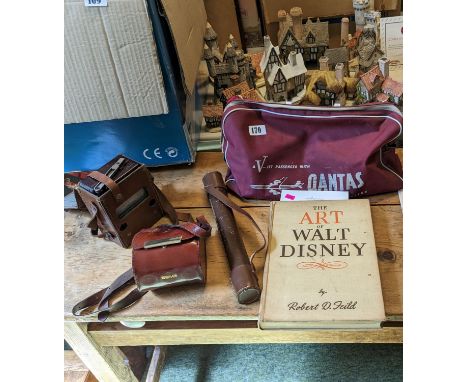 Vintage Qantas Airline Bag, Grain Moisture instrument, Italian Leather traveling Spirit set and a Cased Travelling Telescope 