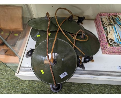 Collection of Seven green Mid Century Industrial metal lamp shades with bulbs 