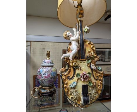 Large Italian Lamp in the model of a Violin with Cherub and a Chinese stylised lamp base 