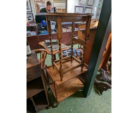 Oak 2 Tier Buffet stand with beaded decoration and a Oval Oak side table with barley twist supports 