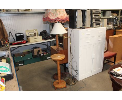 An oak standard lamp and shade, a brass standard lamp and a pine plant stand