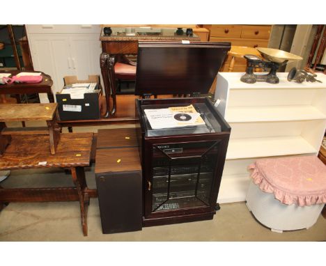 A record cabinet and contents of Denon integrated amplifier, a Denon Precision audio component stereo tuner, a Denon stereo c