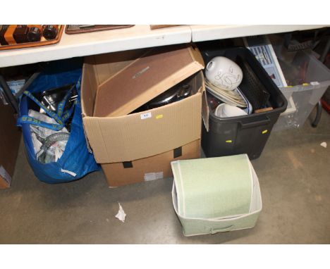Three boxes containing various kitchenalia to include pans, mixing bowls, vases etc.