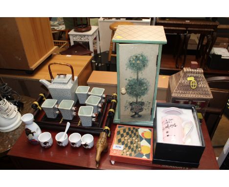 An Oriental tea set and tray, a storage box and contents of various CDs, a sake set, a draughts set, porcelain storage/cookie