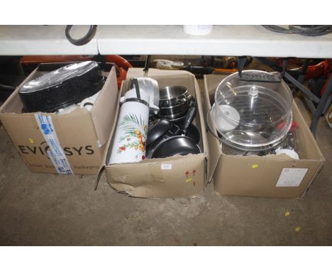 Three boxes containing various kitchenalia to include frying pans etc. 