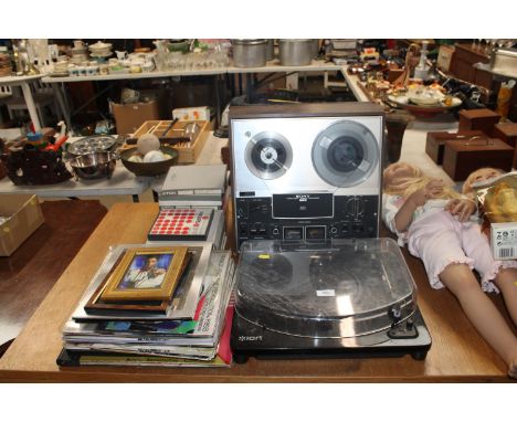 An Ion turntable, a Sony stereo tape recorder, together with a quantity of various records and recording tapes