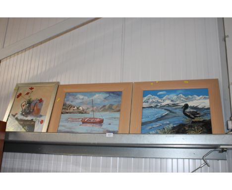 Pauline Kenett, oil on board study of a seascape and another oil on board study and a watercolour still life study 