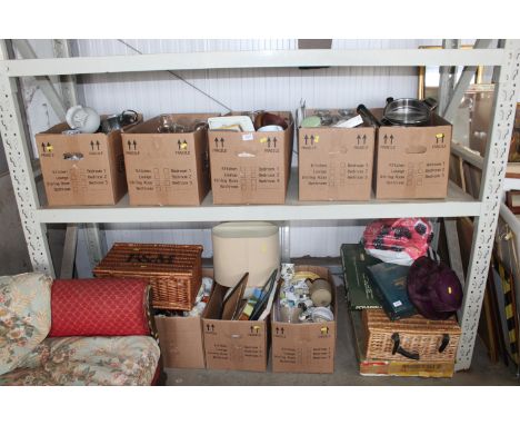 Nine boxes containing various sundry items to include pictures, glass ware, china, kitchenalia etc. together with an F &amp; 