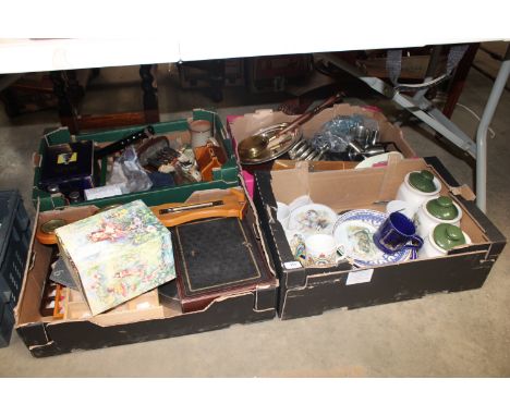Four boxes containing various sundry items to include a barometer, Remy Martin Cognac game, silver plated tray, various cutle