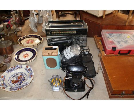 Three radios, an AA badge, a Yashica camera etc.