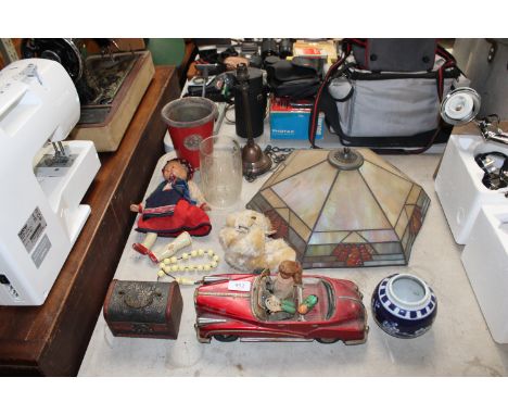A Tiffany style lamp shade, a blue and white ginger jar lacking lid, Royal Botanic Gardens pot, a porcelain doll AF etc.