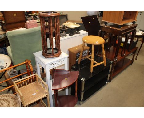 A white painted plant stand, a stick stand, a reproduction corner unit, a pine CD rack and contents, glass TV stand and a pin