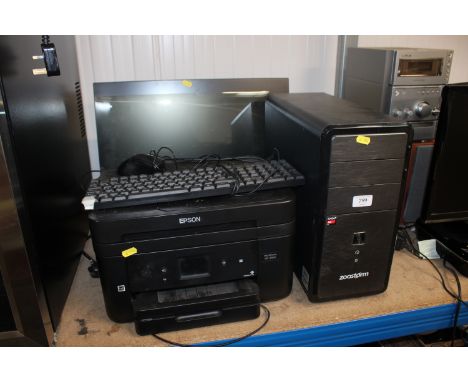 An Epson printer scanner, a HP monitor, a Zoostorm computer, keyboard and mouse
