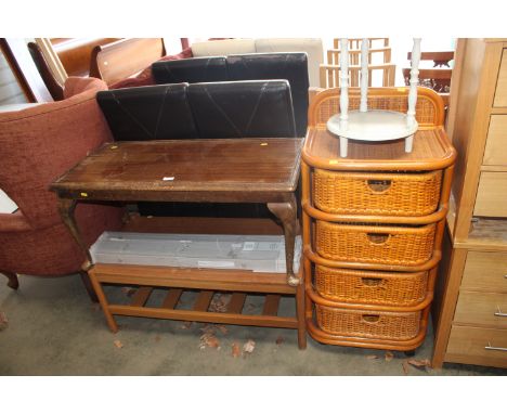 A wicker storage unit fitted four drawers, a three tier plant stand, two coffee tables and a John Lewis blind
