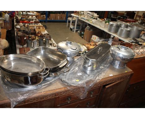 A collection of various stainless steel kitchenalia to include trays, pots etc.