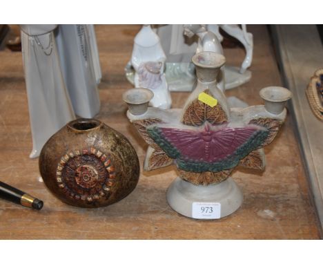 A Bernard Rooke butterfly decorated three branch candelabra together with a Bernard Rooke vase