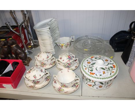 A Portmeirion 'Botanic Garden' pot and cover; a collection of Royal Doulton 'Old Leaves Sprays' pattern soup bowls, saucers a