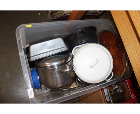 A box containing various kitchenalia to include pots and covers etc. 