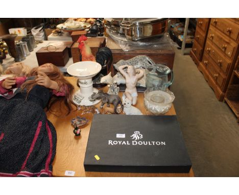 A Masons Harrods porcelain stand, a collection of various ornaments, coloured glass jug, Royal Doulton placemats etc.