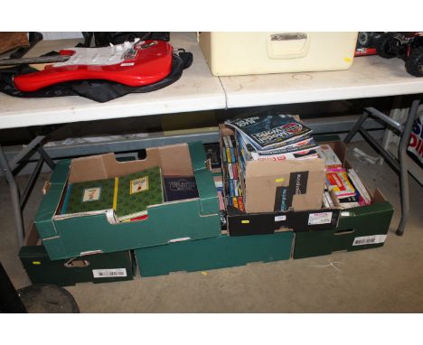 Seven boxes containing various books, Ordnance Survey maps, Air Fix magazines etc. 
