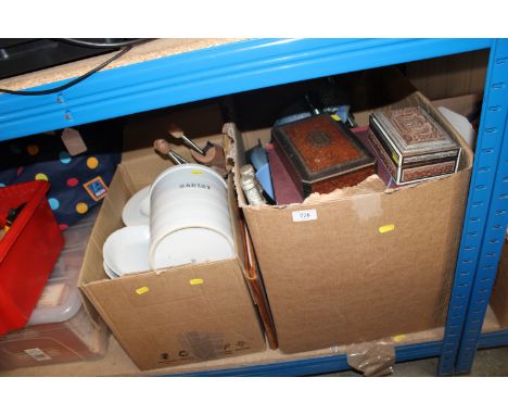 Two boxes containing various kitchenalia to include storage jars, wooden trinket boxes, tea and dinnerware etc. 
