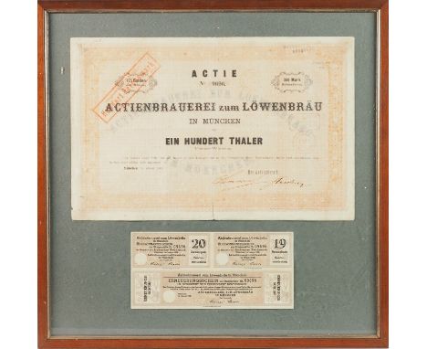 Gründer-Inhaberaktie der Actienbrauerei zum Löwenbräu in München, 1873 - handsigniert v. Josef Simmerlextrem seltene Aktie de