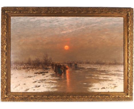 Johann Jungblut (1860 Saarburg - 1912 Düsseldorf), Heimkehr vom MarktÖl auf Leinwand in einem mit Blumengirlanden fein stucki
