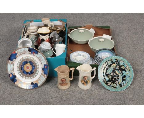 Two boxes of miscellaneous, mainly ceramic's, Royal Doulton 'Coniston' plates, Royal Worcester Millennium plate, Poole tureen