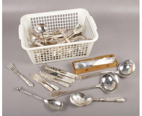 A large quantity of silver plate cutlery, to include mother of pearl handled Mappin &amp; Webb, Elkington ladle, silver colla