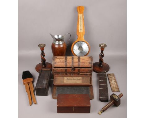 A box of woodenwares to include portable writing slope, metal bound jewellery casket, barometer etc.  