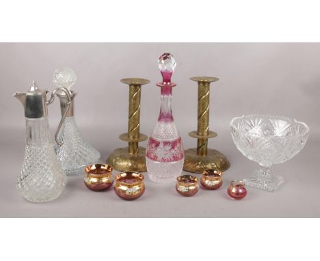 A mixed group, to include a pair of reproduction brass candlesticks, ruby flash decanter etc.  