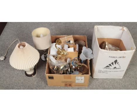 Two boxes of light fittings, ceiling and wall fittings to include two table lamps  