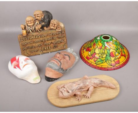 A mixed group, to include David Bowie and Sean Connery plaster heads, coloured glass light shade, Doctor Who creature etc.  