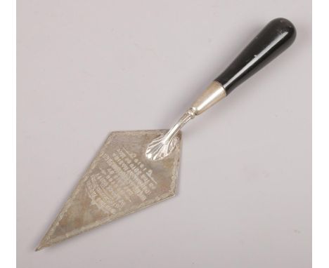 A white metal masonic trowel, engraved Lodge Unity (Bengal) at Nazica on the 30th of MAY 1919.  