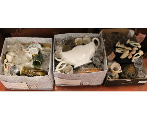 Three boxes of miscellaneous to include glass lamp shade, Sadler, novelty teapots, commemorative mugs, etc.  